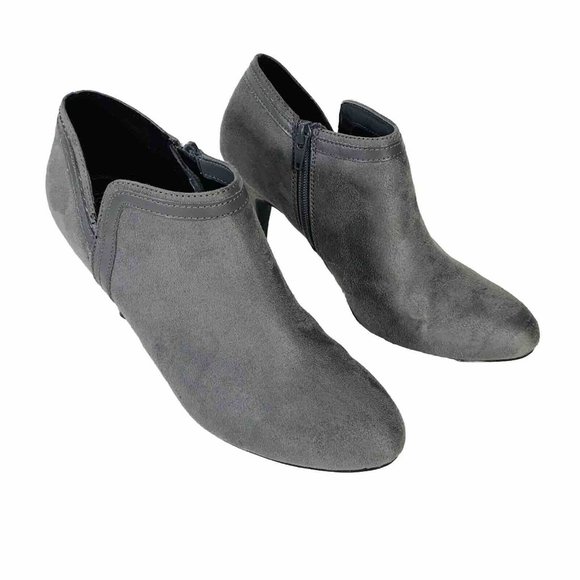 DexFlex Comfort Ankle Bootie Sz 9 Shoes High Heels Gray Suede Pumps Side Zip - Picture 3 of 16
